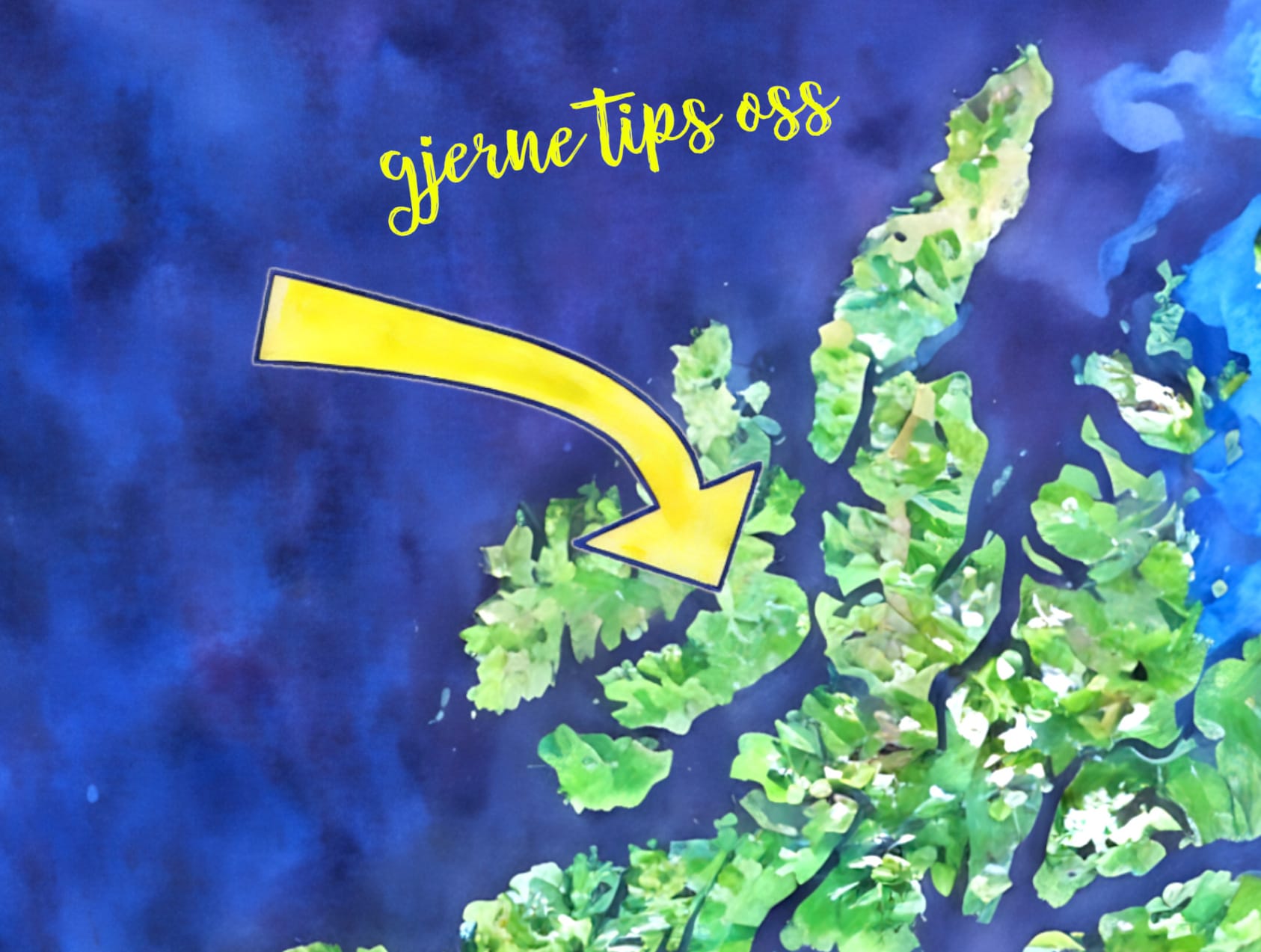 Gjerne tips oss om småbruk i Holmstad-området Kartillustrasjon av Vesterålen i grønne fargetoner med en gul pil som peker mot Holmstad-området. Teksten «gjerne tips oss» står øverst.