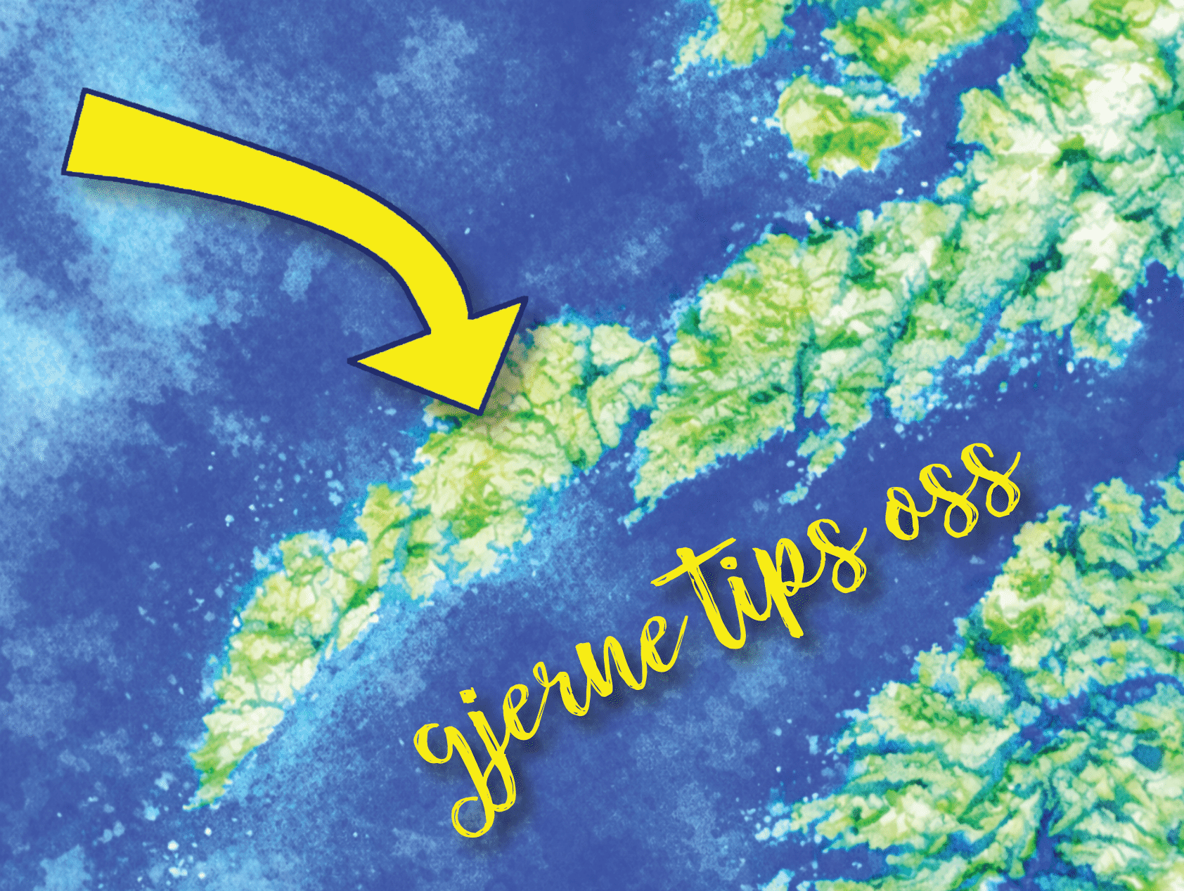 Illustrert kart over Vestvågøy med gul pil og teksten «Gjerne tips oss»