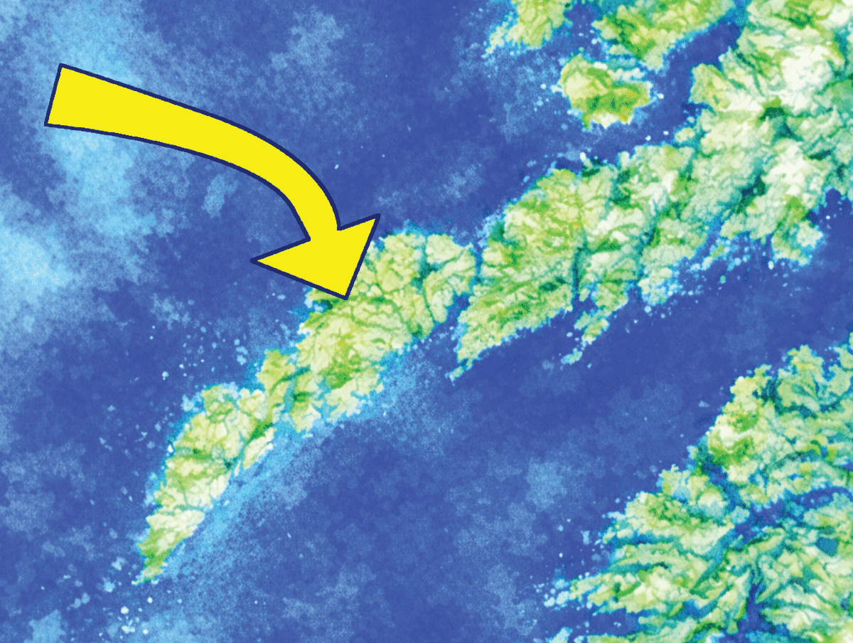 Kart over Lofoten med markering av Vestvågøy Illustrert kart over Lofoten der en gul pil peker mot Leknes i Vestvågøy